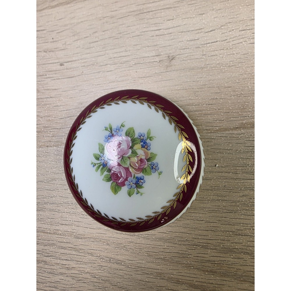 Limoges Hand Painted Flower Round Trinket Box Signed France - Excellent